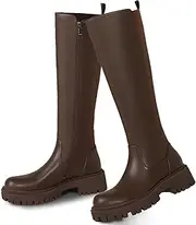 [AIUNIIND] Women's Knee High Boots Platform Lug Sole Boots Stretch Round Toe Riding Boots Comfortable Calf Dress Long Boots