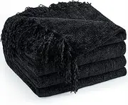 [LONG CREATE] Chenille Throw Blanket for Couch 50"X 60", Soft Cozy Throw Blanket with Fringe Tassel for Bed Sofa Chair, Lightweight Knitted Decorative Farmhouse Boho Blanket for Gift, Black