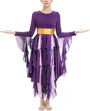 [IBAKOM] Praise Dance Dress Women Gold Metallic Waist Hankerchief Skirt Dance Overlay and Tunic Worship Liturgical Dancewear