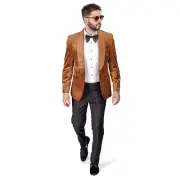 Shawl Lapel Velvet Tuxedo Gold 1 Button Suit Black Pants Flat Front Fitted AZAR