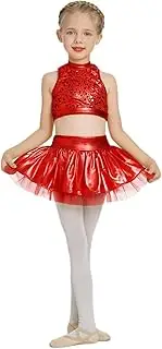 [ODASDO] Girls Metallic Dance Costumes Kids Shiny Sequin Tank Crop Top High Waist Ruffle Tutu Skirt Carnival Circus Outfits
