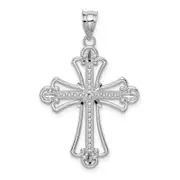 14k White Gold White Polished Diamond-cut Textured Cross Pendant