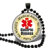 Medical Alert Gastric Bypass No Blind NG Tube NSAIDS Necklace Glass Top Pendant