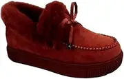 [Gikleihwy] Women's Fuzzy Warm Flat Ankle Boots Plush Fur Lining Arch Support Casual Loafer Shoe Wide Width Slip On Anti-Slip House Mules Loafers(Red,10 US)