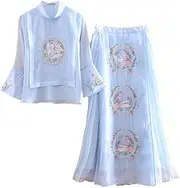 [Mkjuuior] Women's 2-Piece Retro Embroidery Loose Shirt Top + Pleated A-Line Skirt Elegant Suit