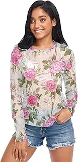 [ODAWA] Floral Roses Long Sleeve Sheer Blouse Mesh Sheer Tops Workout Tops Hoodies, Floral Roses, X-Large