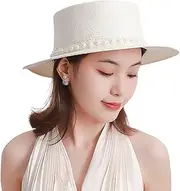 [Fiunkes] Womens Panama Straw Boater Hat with Pearls, Elegant Wide Brim UV Protection Sun Hat UPF50+ Skimmer Beach Hat