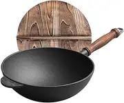 26cm Wok, Cast Iron Wok, Open Non-Stick Wok with Handle, No Liner, Wooden Pot Cover
