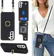 [Lipvina] for Samsung Galaxy S21 Case with Card Holder and Strap for Women,Crossbody Lanyard,Ring Stand,Snap Clasp,Phone Wallet Cases 6.2 inch(Black)