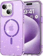 R-fun Magnetic Crystal Glitter Case Designed for iPhone 13/iPhone 14 (6.1 inch), [Compatible with magsafe] [Anti-Yellowing] [Military-Grade Protection] Case Cover for iPhone 13/14, Glitter Purple