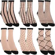 [Yolev] 6 Pairs Sheer Socks Women Black Mesh Socks See Through Transparent Thin Fishnet Lace Ankle Socks Checkered Dot Striped Plaid Summer Socks For Women Girls One Size, Black