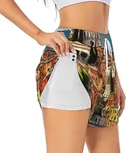 [WURTON] Beautiful Italy Print Exercise Gym Workout Shorts Women's Athletic Shorts Dual-Layered Yoga Running Shorts