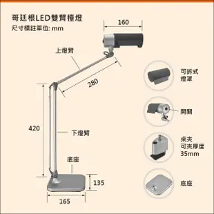 【特力屋】哥廷根LED 10W雙臂桌夾兩用檯燈