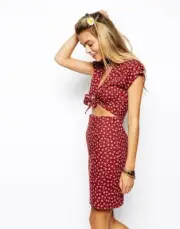 ASOS Burgundy Red Floral Vintage Tie Front Cut Out Midi Dress - Size 10