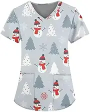 [CDM Plus] Christmas Snowman Print Medical Scrub Top, Grey, Polyester-Spandex Blend, S-XXL
