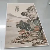 在飛比找蝦皮購物優惠-張大千 滄浪漁笛圖 仿古青綠工筆山水國畫高清噴繪字畫複製裝飾