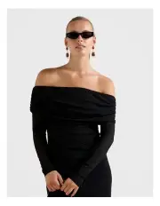 [Forever New] Kaia Ruched Mesh Bardot Top in Black