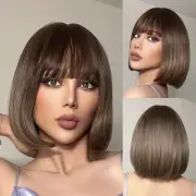 Ombre Dark Brown To Light Brown Short Bob Wigs For Women 12inch Straight Synt...