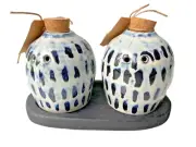 Mud Pie Ceramic Decorative Rounded Blue Salt & Pepper Shakers W/ Tray