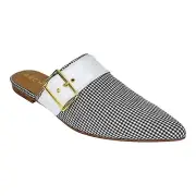 Archive Womens Flat Mule 8M Bond Gingham Checkered Fabric Gold Buckle