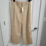 NWT $245 Vince Women's Brown High-Waist Flat Front Linen Blend Wide-Leg Pants 10