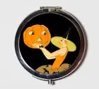 Art Deco Witch Halloween Pumpkin Compact Mirror Make Up Pocket Mirror Cosmetics