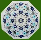 Shiny Gemstone Coffee Table Top with Inlay Work White Marble Patio End Table