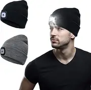 [Auolen] 2 PCS Unisex Beanie Hat with Light, USB Rechargeable Hands-Free LED Headlamp Hat, Dog Walking Flashlight Running Hiking, Knitted Night Light Beanie Cap Flashlight Hat, Men Father Husband Black