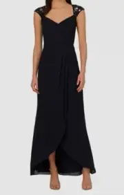 Adrianna Papell Women's Blue Cap-Sleeve Chiffon Mermaid Gown Dress Size 10