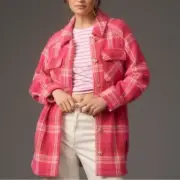GREYLIN ANTHROPOLOGIE GRACEY PINK PLAID OVERSIZED SHACKET JACKET WOMENS XS NEW