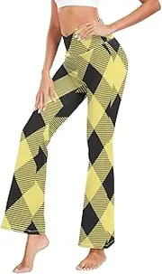 [GuoChe] Argyle Plaid Black Yellow Cross Waist Flared Bottoms Wide Leg Booty Lifting Leggings for Casual S