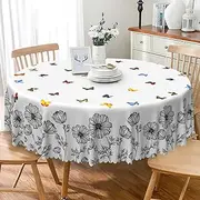 TTQYFNM Floral Round Tablecloth 60 Inch Rustic Sketch Flowers Colorful Butterfly Circular Table Cloth Waterproof Stain Resistant Table Cover for Farmhouse Kitchen Dining Room Patio Picnic Home Decor