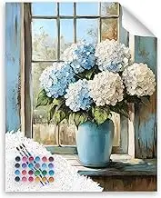 Hydrangeas Paint by Number, Rustic Window Blue Flowers Paint by Numbers for Adults,Easy Acrylic Adults Beginner DIY Oil Painting on Canvas for Gift, Floral Home Wall Decor(16x20inch, No Frame)