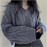 [LiFBeauTiFuL] Clothing Simplicity Vintage Grey Knitting Sweater V Neck Long Sleeves Casual Korean Fashion Baggy Tops Autumn (Color : Blue, Size : One Size)
