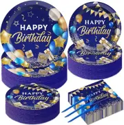 50 Guest Blue & Gold Birthday Party Plates, Napkins & Tableware Set - 200 PCS