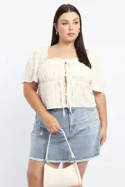 White Ditsy Tie Front Top Short Sleeve Lace Trim