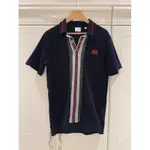 二手近全新👕【BURBERRY】 交織字母條紋印花 POLO衫 男士短袖POLO衫上衣/黑