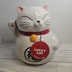 Lucky Cat Cookie Jar Chinese Restaurant Waving Cat White Black Red New