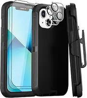 Case for iPhone 13 Case 6.1'' Belt-Clip Kickstand Holster with 2 Screen Protector + 2 Camera Lens Protector, Full Body Heavy Duty Military Grade Drop Protection Phone Accessories Cover (Black+Clip)