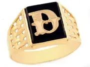 10k or 14k Yellow Gold Bold Black Onyx Mens Basket Weave Initial Letter D Ring
