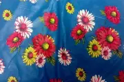FLANNEL BACK TABLECLOTH SQUARE 52"x52" (4 people) COLORFUL FLOWERS ON BLUE, RLP