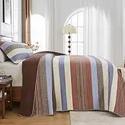 FineStichery Oversized King Quilt Bedspread Coverlet 120x120, 100% Cotton California King Quilt with Pillow Shams, Soft Yarn Dyed Multicolor Striped Bedding Set, Brown/Beige/Blue