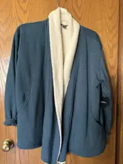 Eddie Bauer Sherpa Lined Cardigan L Teal Blue Open Front Shawl Collar & Pockets
