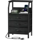 Night Stand with Charging Station, 28.3 Inch Tall Side Table with Fabric Draw...