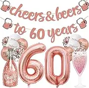 20 Pcs 60th Birthday Decorations for Women, Rose Gold 60 Years Old Birthday Decoration with Cheers and Beers to 60 Years Banner, Number 60 Foil Balloon Latex Balloons for Sixty Years Old Decor