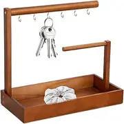 [NGUMMS] Entryway Key Holder - Wooden Jewelry Rack Key Holder - Bathroom Vanity Tray, Countertop Organizer with 6 Hooks for Entryway Key and Wallet