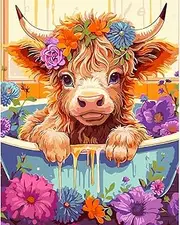 tigdtiu Cow Paint by Numbers for Adults- Highland Cow Flower Paint by Numbers for Adults Beginners, Acrylic Simple Paint by Number Canvas for Decoration (16x20 in)