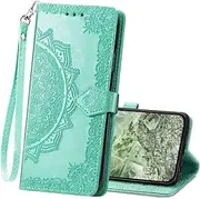 PAOBIR Wallet Case for Google Pixel 8A,Flip Case PU Leather Emboss Mandala Flowers Wrist Strap Folio Card Slots Magnetic Kickstand Protective Phone Cover for Google Pixel 8A Teal