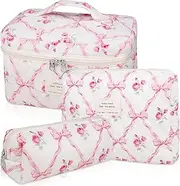 Quilted Makeup Bag Set, Large Floral Cosmetic Bag for Women, Cute Cotton Makeups Bag, Flower Travel Toiletry Organizer Bag, Pink Flower, Cute