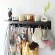 Wall Mounted Coat Rack with Shelf, 4 Hooks, Dark Brown Wood, Set of 2 (Black Col